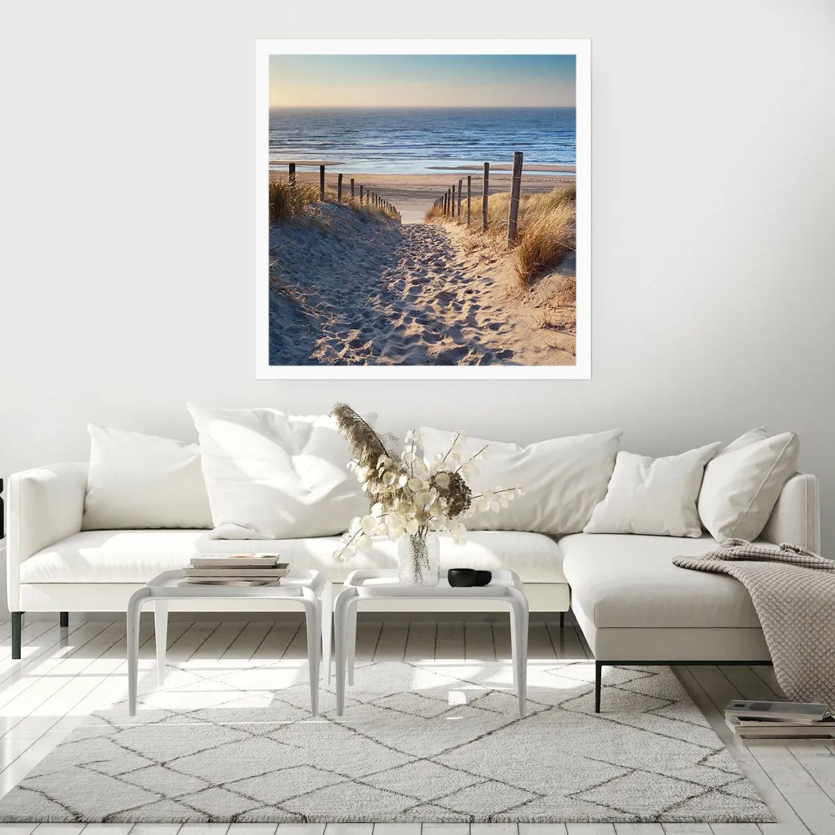 Poster - Das Rauschen des Meeres, der Gesang der Vögel, ein wilder Strand im Gras ... - 50x50 cm