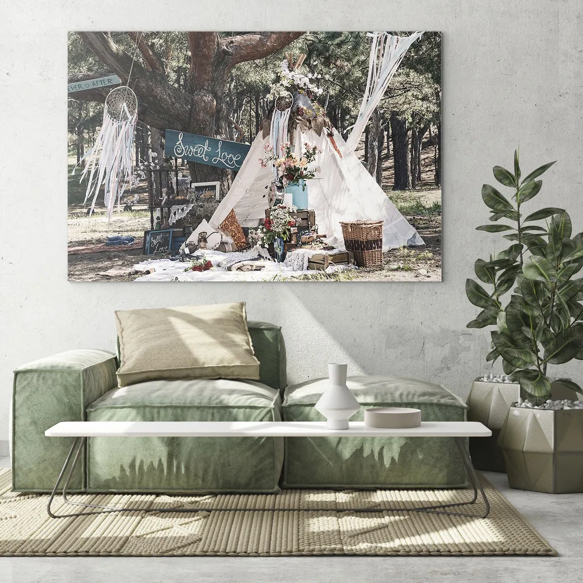 Glasbild - Bild auf glas - Boho Outdoor-Dekoration mit Tipi und Blumen im Wald - 120x80cm - Liebe machen ... - Moderne Wanddekoration für Wohnzimmer und Schlafzimmer ARTTOR