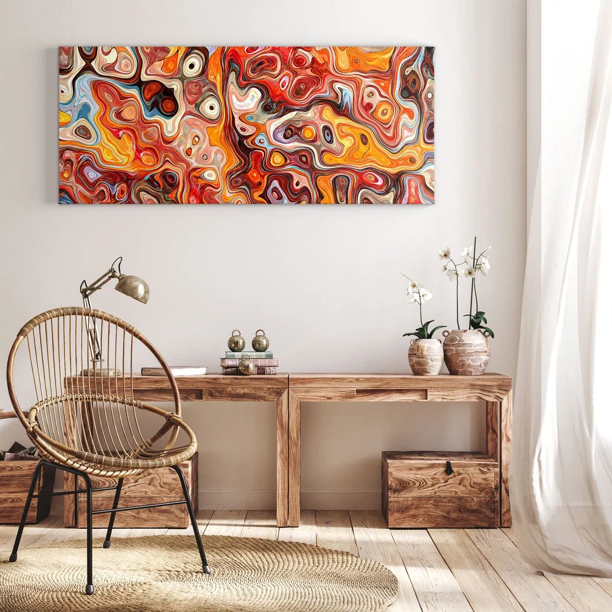 Bild auf Leinwand - Leinwandbild - Eine abstrakte Komposition in warmen Rot-, Orange- und Gelbtönen. - 160x50cm - Wenn die Nüsse in Honig geschmolzen sind - Moderne Wanddekoration für Wohnzimmer und Schlafzimmer ARTTOR