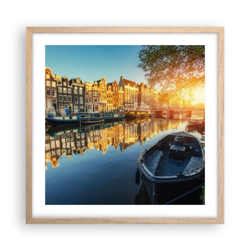 Poster in einem Rahmen aus heller Eiche - Morgen in Amsterdam - 50x50 cm