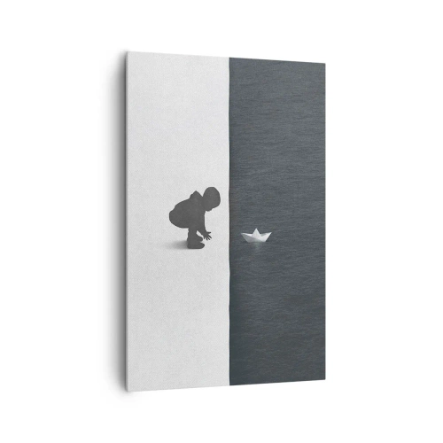 Bild auf Leinwand - Leinwandbild - Eine Kinderfigur mit einem Papierboot vor einem Hintergrund aus kontrastierenden Hälften - 80x120cm - Tolle Expedition - Moderne Wanddekoration für Wohnzimmer und Schlafzimmer ARTTOR