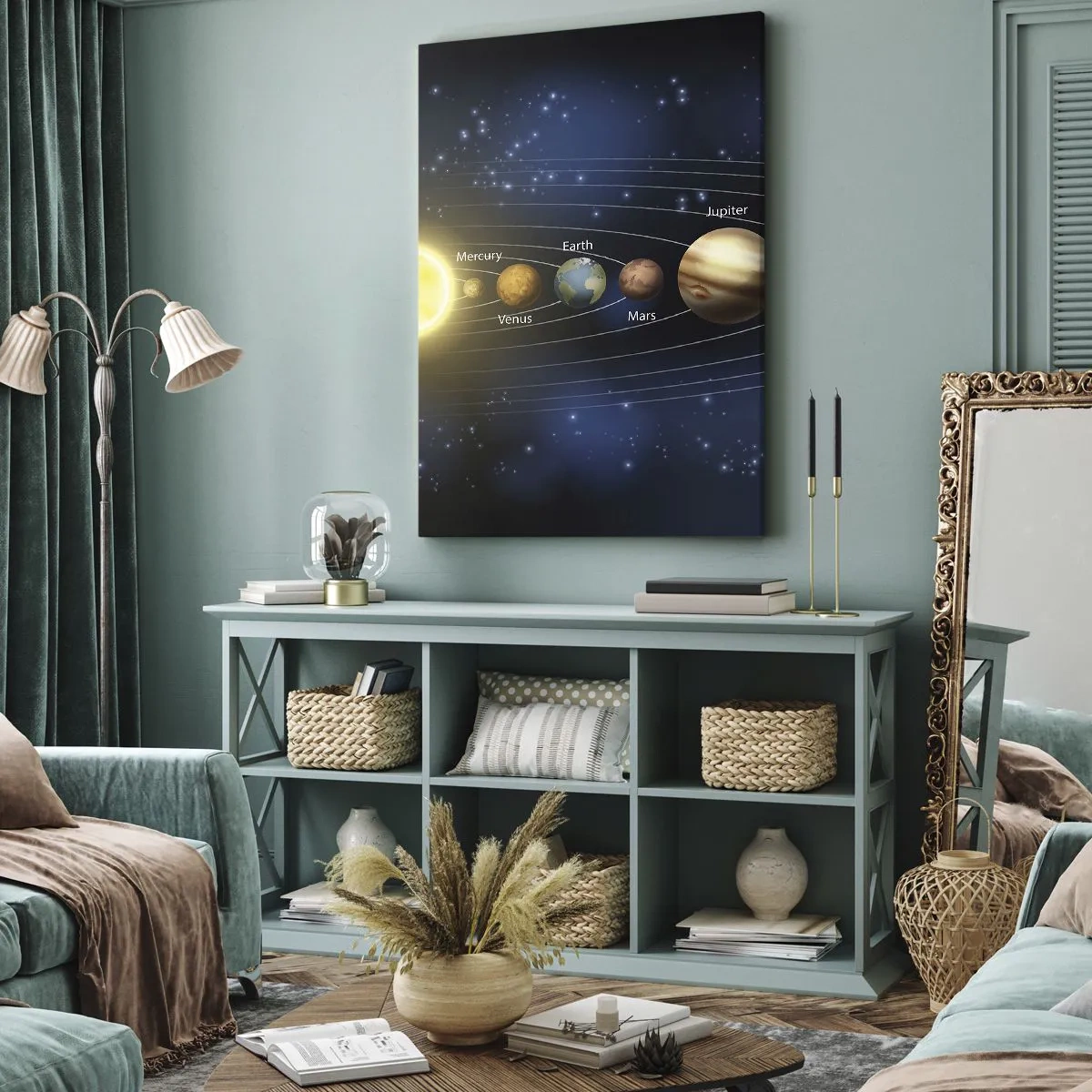 Bild auf Leinwand - Leinwandbild - Diagramm des Sonnensystems mit Planeten und Sonne - 70x100cm - Einer von zehn - Moderne Wanddekoration für Wohnzimmer und Schlafzimmer ARTTOR