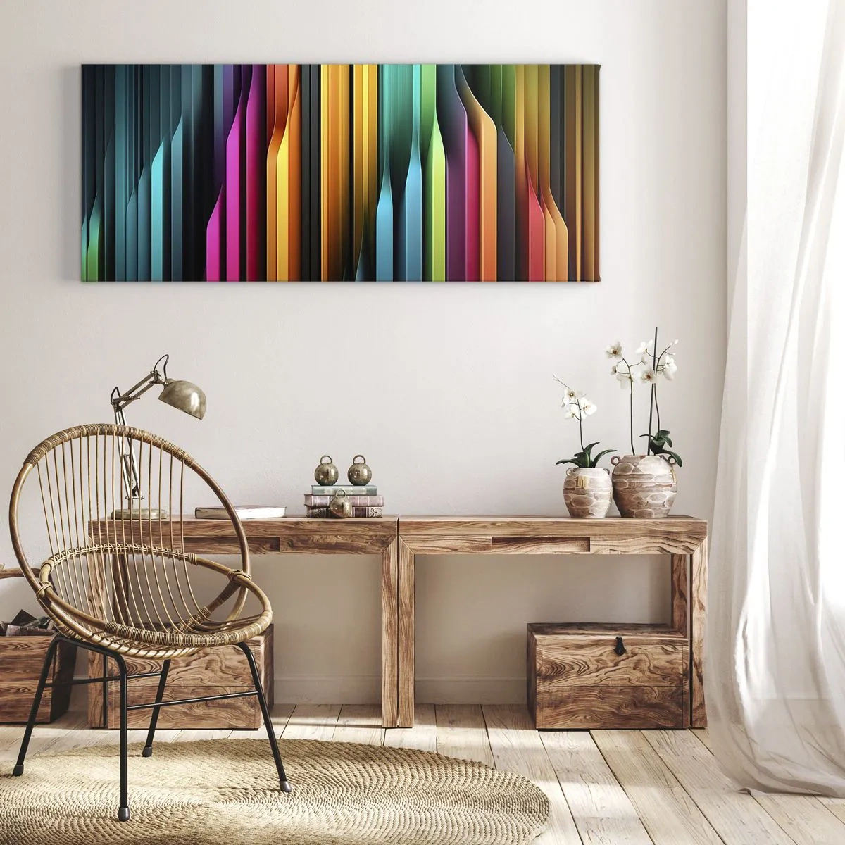 Bild auf Leinwand - Leinwandbild - Bunte vertikale Linien erzeugen eine dynamische Abstraktion. - 160x50cm - Lichtorgan - Moderne Wanddekoration für Wohnzimmer und Schlafzimmer ARTTOR