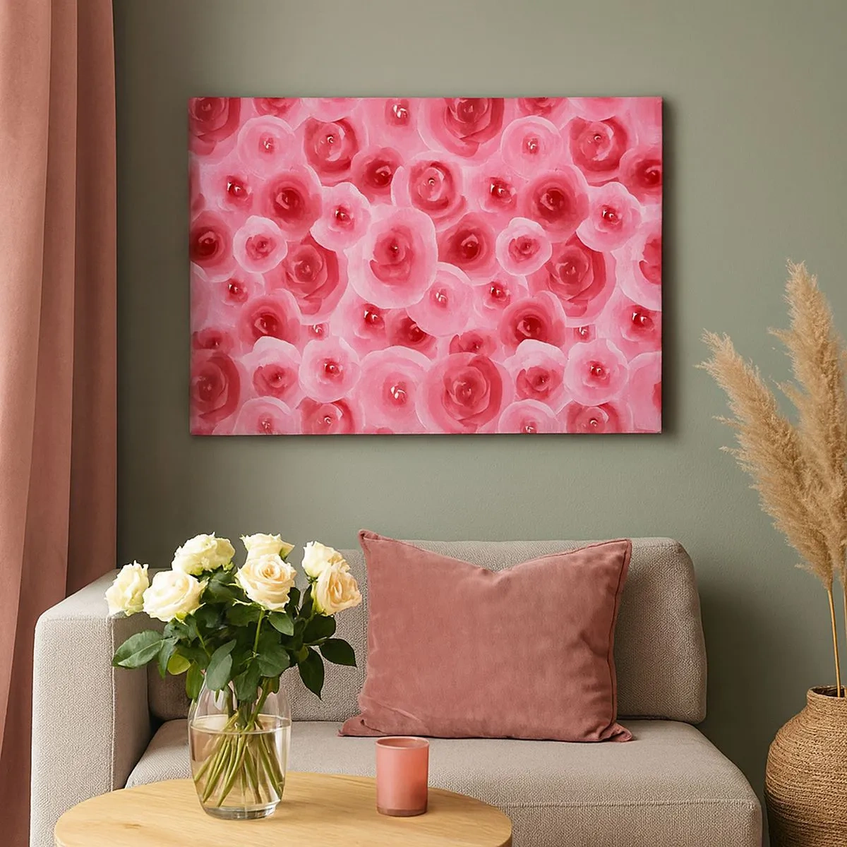 Bild auf Leinwand - Leinwandbild - Zarte Rosen in pastelligen Rosatönen - 70x50cm - Oben und unten Rosen - Moderne Wanddekoration für Wohnzimmer und Schlafzimmer ARTTOR