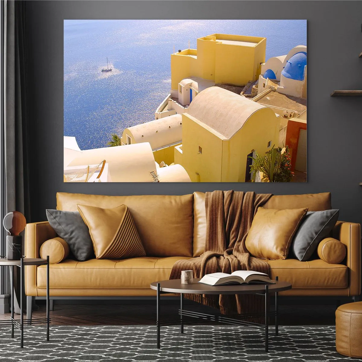 Glasbild - Bild auf glas - Blick auf Santorin mit blauem Meer und weißen Gebäuden - 70x50cm - Griechische Landschaft in Weiß und Blau - Moderne Wanddekoration für Wohnzimmer und Schlafzimmer ARTTOR