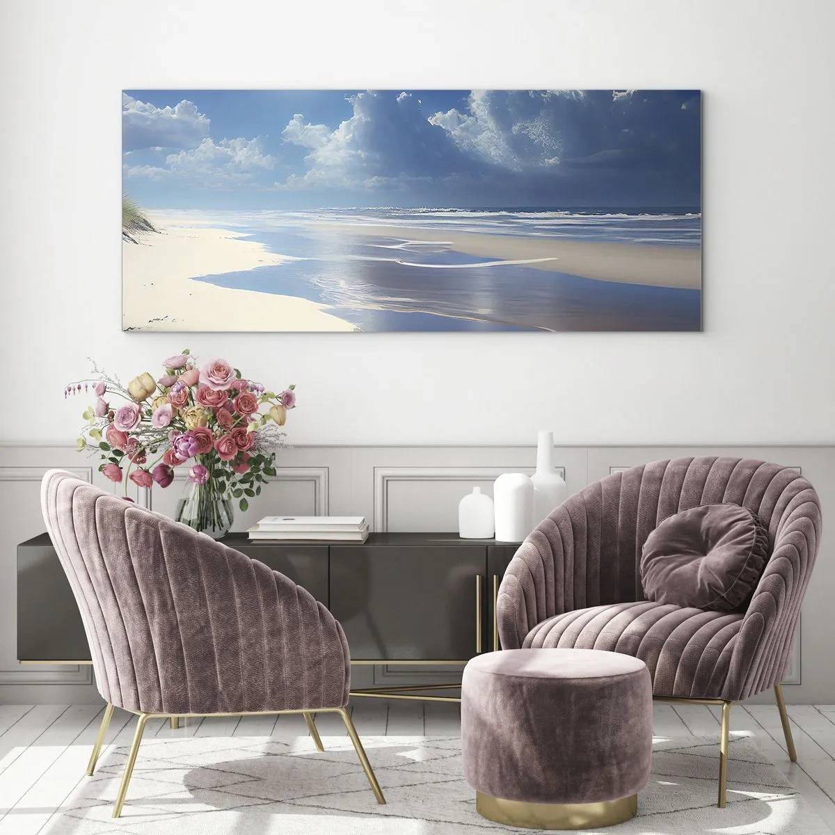 Glasbild - Bild auf glas - Ein Sandstrand mit Wellen unter blauem Himmel - 140x50cm - Paradiesischer Urlaub - Moderne Wanddekoration für Wohnzimmer und Schlafzimmer ARTTOR