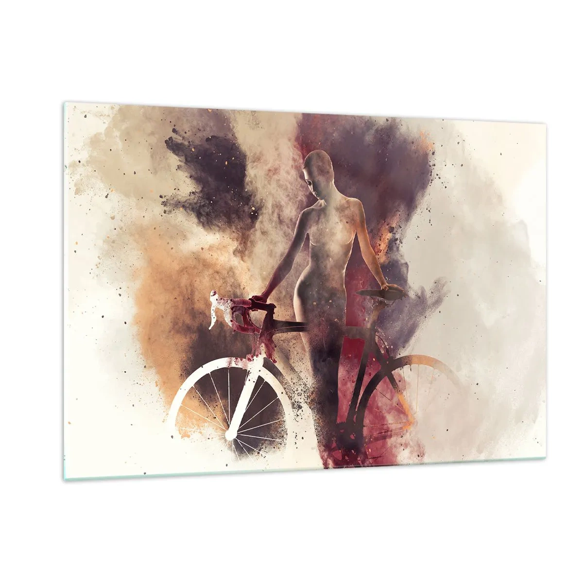 Glasbild - Bild auf glas - Silhouette eines Fahrrads in einer künstlerischen Farbwolke - 120x80cm - Eine Fahrradseele in Marmorformen - Moderne Wanddekoration für Wohnzimmer und Schlafzimmer ARTTOR