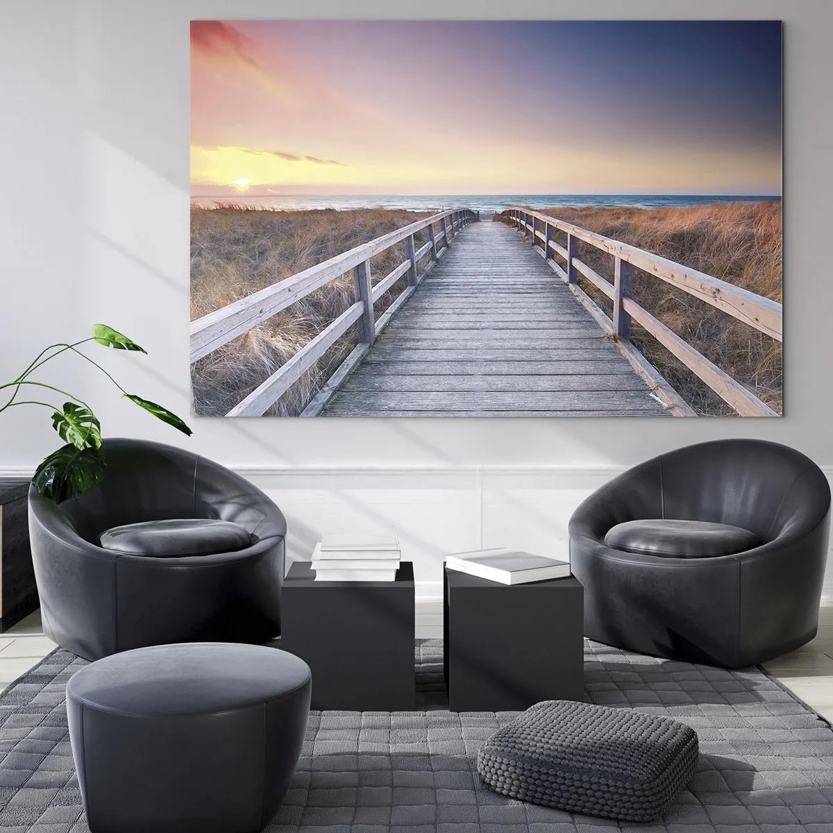 Glasbild - Bild auf glas - Holzsteg zum Strand bei Sonnenuntergang - 70x50cm - Baltische Abend-Aurora - Moderne Wanddekoration für Wohnzimmer und Schlafzimmer ARTTOR