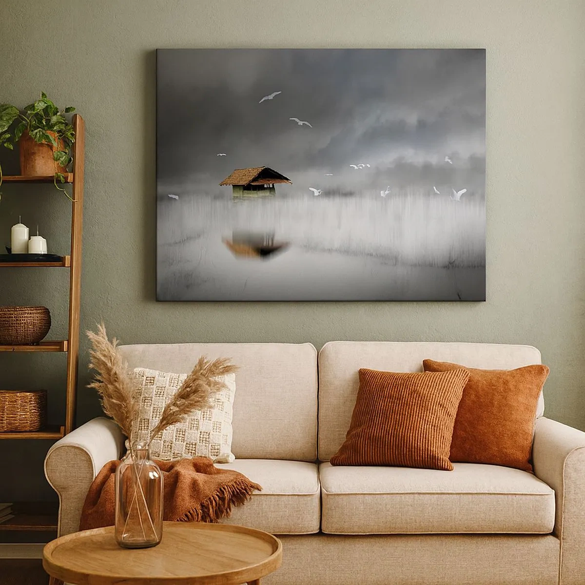 Bild auf Leinwand - Leinwandbild - Ein einsames Häuschen am Wasser, umgeben von Nebel und Vögeln - 70x50cm - Schutz vor Regen - Moderne Wanddekoration für Wohnzimmer und Schlafzimmer ARTTOR