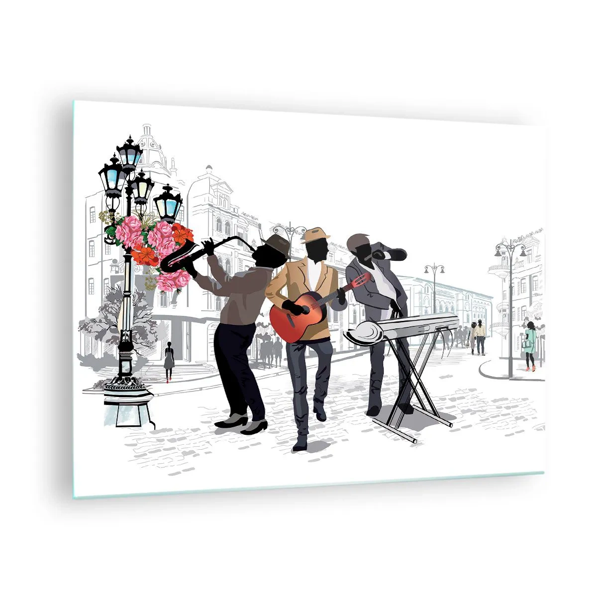 Glasbild - Bild auf glas - Eine Jazzband spielt auf der Straße - 70x50cm - Straßenmusik - Moderne Wanddekoration für Wohnzimmer und Schlafzimmer ARTTOR