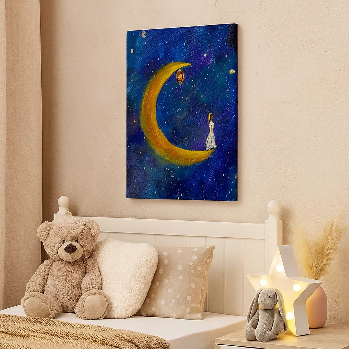 Bild auf Leinwand - Leinwandbild - Ein Mädchen steht auf dem Mond in einem Sternenhimmel - 50x70cm - Der Ruf der Welt - Moderne Wanddekoration für Wohnzimmer und Schlafzimmer ARTTOR