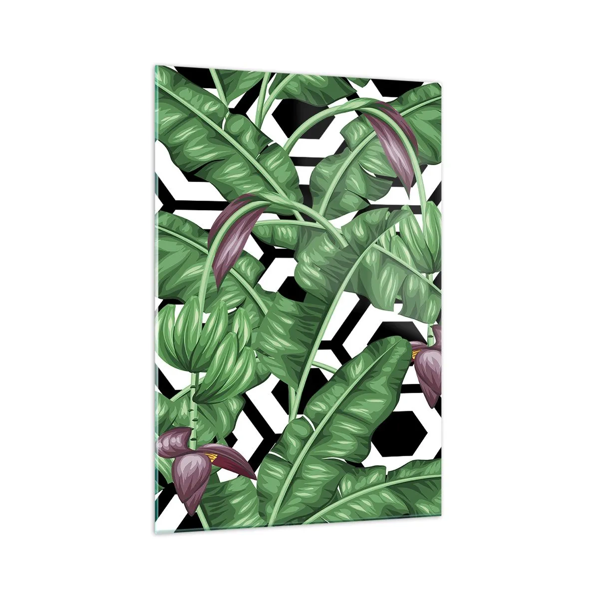 Glasbild - Bild auf glas - Tropische Blätter auf geometrischem Hintergrund - 70x100cm - Von Natur aus eine symmetrische Komposition - Moderne Wanddekoration für Wohnzimmer und Schlafzimmer ARTTOR