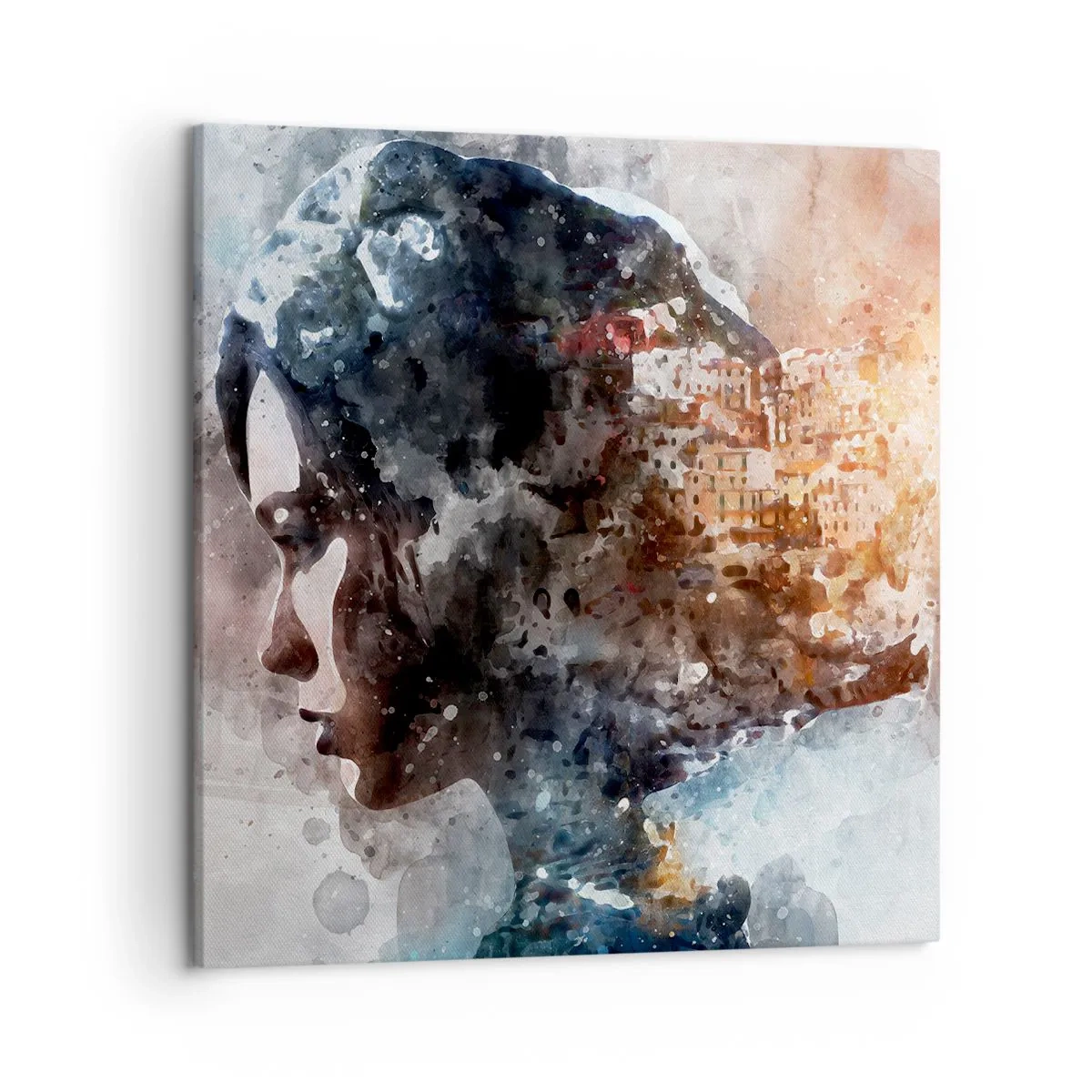 Bild auf Leinwand - Leinwandbild - Eine Geschichte über ein Mädchen mit einer Stadt im Hintergrund - 50x50 cm