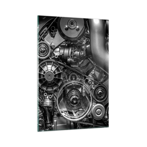 Glasbild - Bild auf glas - Schwarz-Weiß-Nahaufnahme der mechanischen Details eines Automotors. - 80x120cm - Die Poesie der Mechanik - Moderne Wanddekoration für Wohnzimmer und Schlafzimmer ARTTOR
