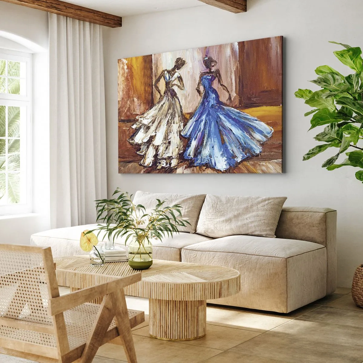 Bild auf Leinwand - Leinwandbild - Figuren in Abendkleidern im künstlerischen Stil - 100x70cm - Ein dankbares Duo - Moderne Wanddekoration für Wohnzimmer und Schlafzimmer ARTTOR