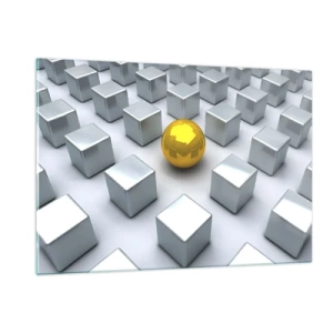 Glasbild - Bild auf glas - Eine goldene Kugel, umgeben von silbernen Würfeln - 120x80cm - Warum ich? Geometrische Zusammensetzung - Moderne Wanddekoration für Wohnzimmer und Schlafzimmer ARTTOR