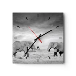 Wanduhr - Glasuhr - Zwei Elefanten vor der Kulisse der afrikanischen Savanne - 30x30cm - Grau ist schön - Moderne Wanddekoration für Wohnzimmer und Schlafzimmer ARTTOR