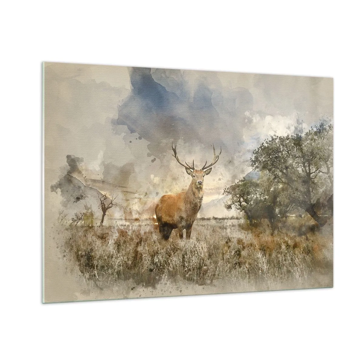 Glasbild - Bild auf glas - Ein Hirsch in einer natürlichen Landschaft mit dezenten Farben im Hintergrund - 100x70cm - Würde – Stärke – Würde - Moderne Wanddekoration für Wohnzimmer und Schlafzimmer ARTTOR