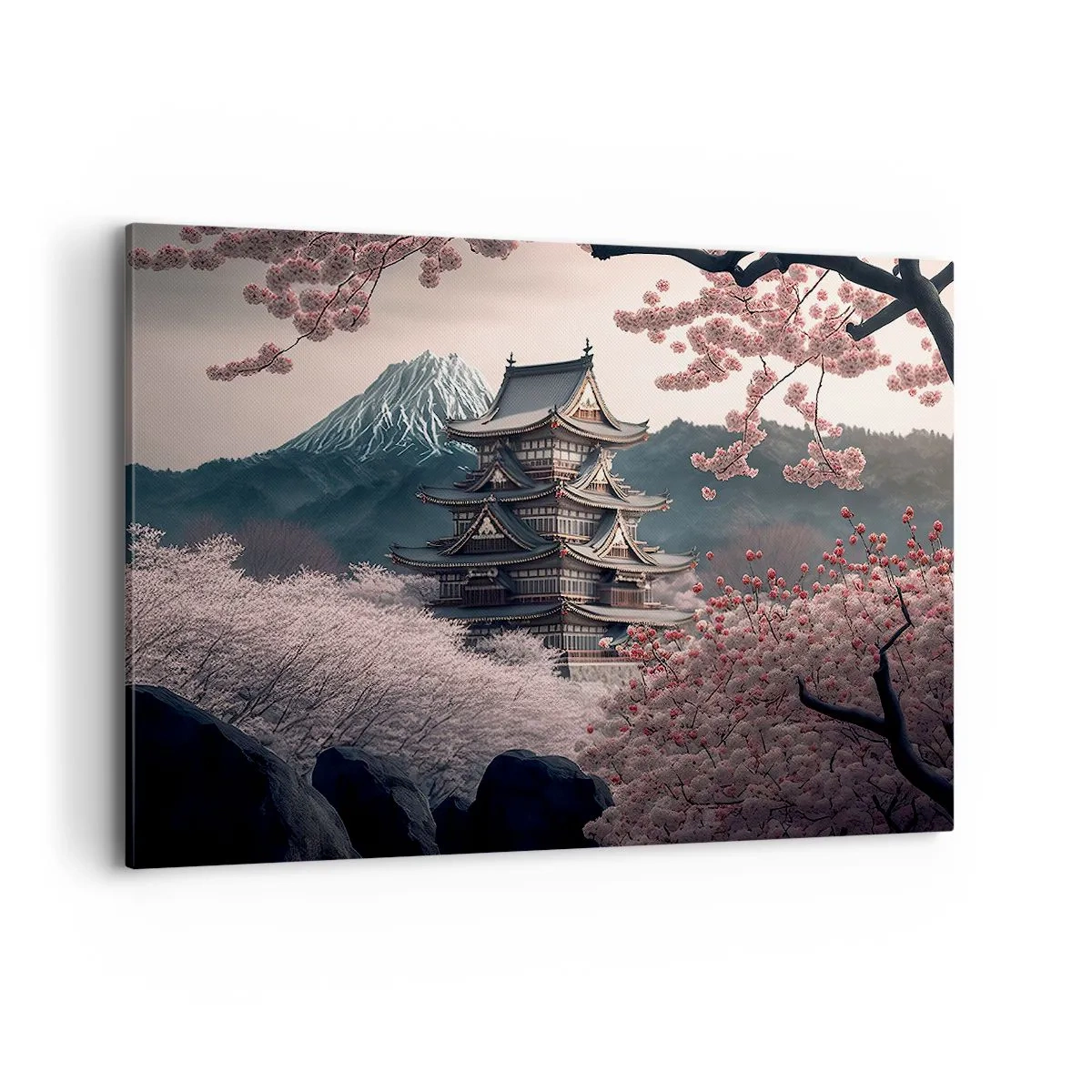 Bild auf Leinwand - Leinwandbild - Ein japanischer Tempel, umgeben von Kirschblüten und Bergen - 120x80cm - Land der Kirschblüten - Moderne Wanddekoration für Wohnzimmer und Schlafzimmer ARTTOR