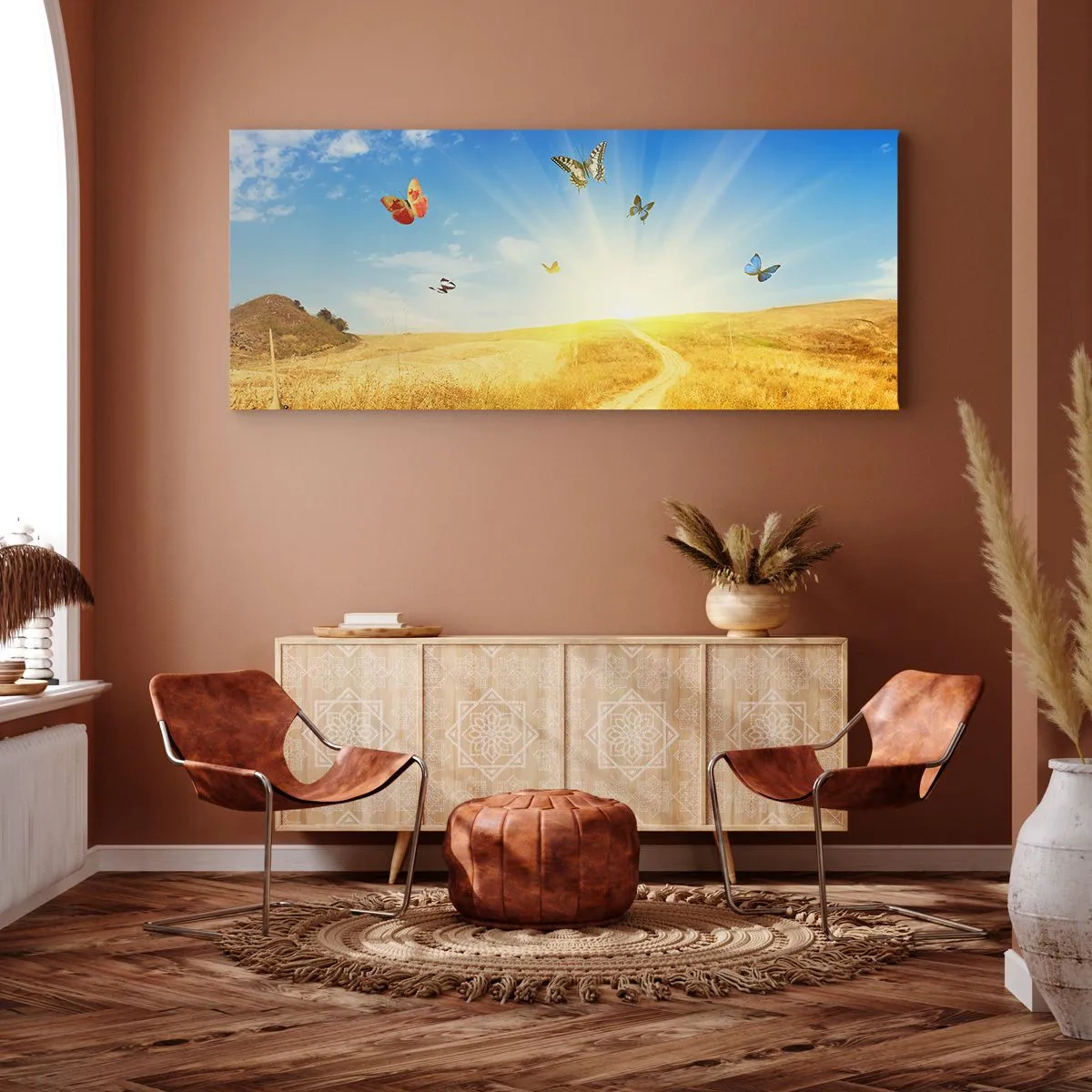 Bild auf Leinwand - Leinwandbild - Ein goldenes Feld, ein Pfad und Schmetterlinge vor einem blauen Himmel - 160x50cm - Und wie kann man den Sommer nicht lieben? - Moderne Wanddekoration für Wohnzimmer und Schlafzimmer ARTTOR