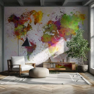 Fototapete Premium Sand - Bunte Weltkarte im abstrakten Aquarellstil - 100x70cm - Irgendwie ist es gleich geworden - Moderne Wanddekoration für Wohnzimmer und Schlafzimmer ARTTOR
