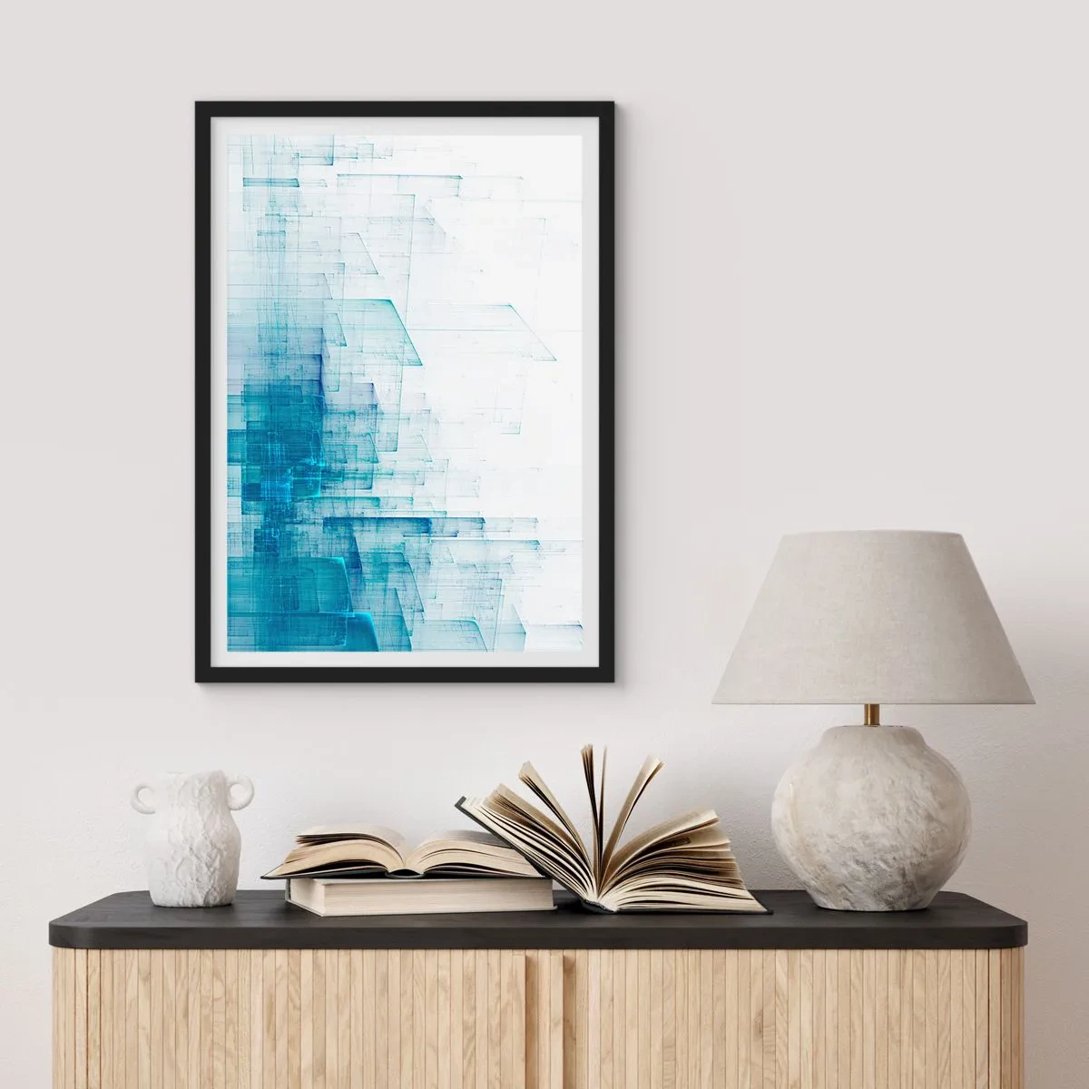 Poster in einem schwarzem Rahmen - Abstrakte geometrische Komposition in Blau- und Weißtönen - 50x70cm - Wie der Raum wgeschaffen urde - Moderne Wanddekoration für Wohnzimmer und Schlafzimmer ARTTOR
