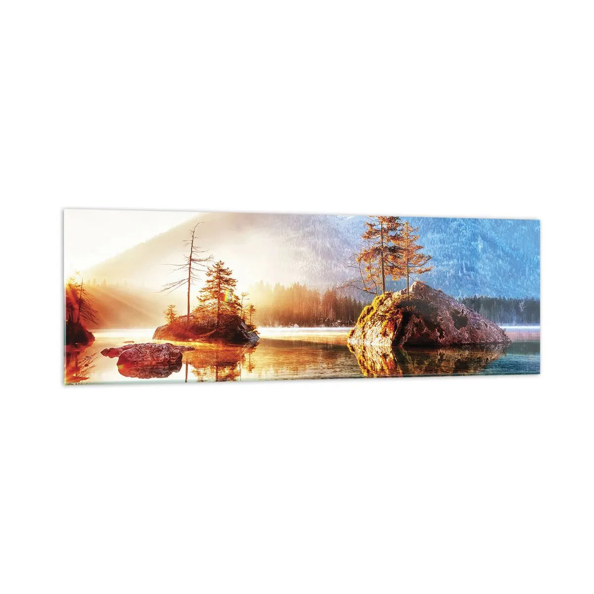 Glasbild - Bild auf glas - Ein See mit Inseln und Bergen im Hintergrund bei Sonnenaufgang - 160x50cm - Natur in neuem Licht - Moderne Wanddekoration für Wohnzimmer und Schlafzimmer ARTTOR