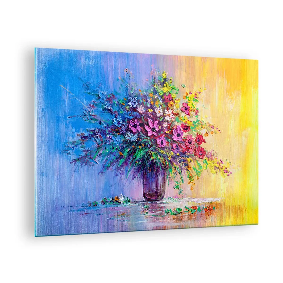 Glasbild - Bild auf glas - Ein bunter Blumenstrauß in einer Vase auf abstraktem Hintergrund - 70x50cm - Sommergeschenk der Wiese - Moderne Wanddekoration für Wohnzimmer und Schlafzimmer ARTTOR