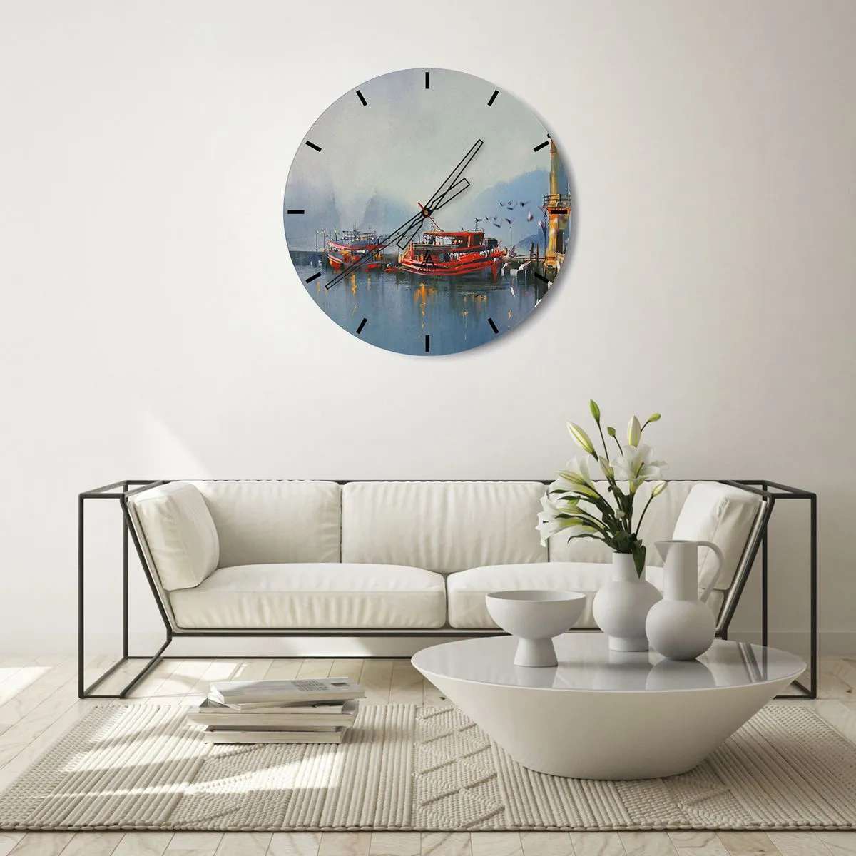 Wanduhr - Glasuhr - Ein Hafen mit roten Booten auf ruhigem Wasser am Morgen - 30x30cm - Am Ende der Welt - Moderne Wanddekoration für Wohnzimmer, Küche und Schlafzimmer ARTTOR