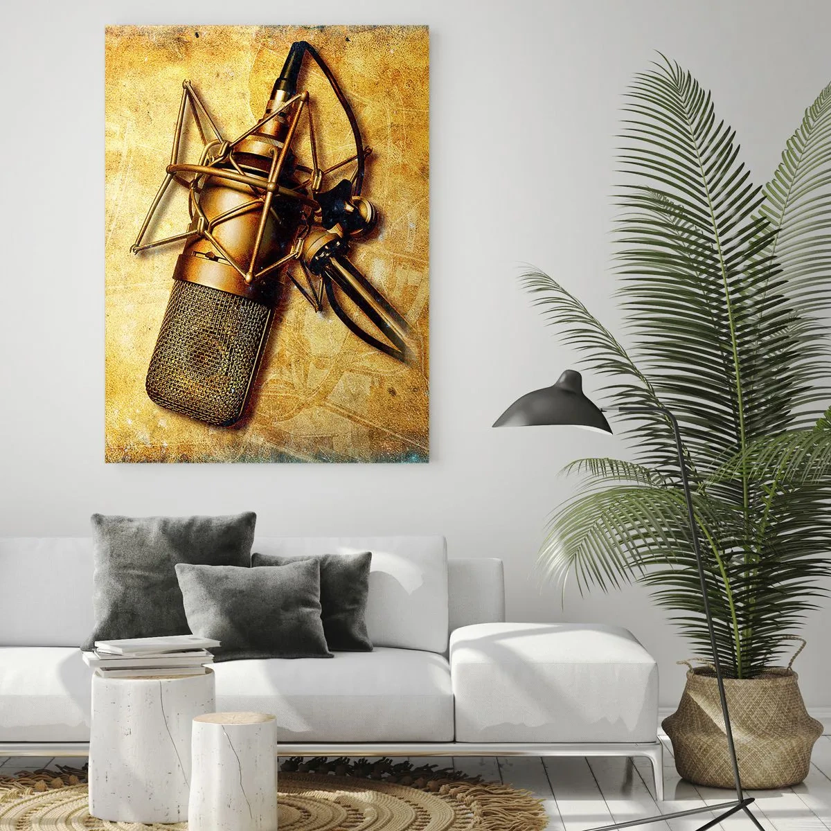 Glasbild - Bild auf glas - Ein goldenes Mikrofon auf Vintage-Hintergrund - 50x70cm - Die goldenen Jahre des Radios - Moderne Wanddekoration für Wohnzimmer und Schlafzimmer ARTTOR