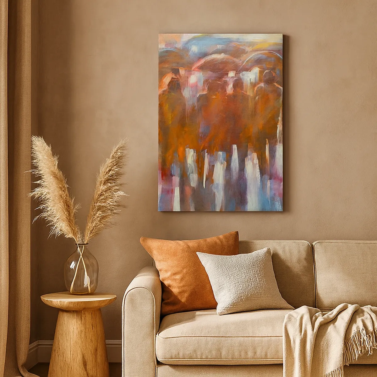 Bild auf Leinwand - Leinwandbild - Eine Menschenmenge mit Regenschirmen in einer regnerischen, künstlerischen Umgebung - 50x70cm - Auch bei Regen und Nebel - Moderne Wanddekoration für Wohnzimmer und Schlafzimmer ARTTOR