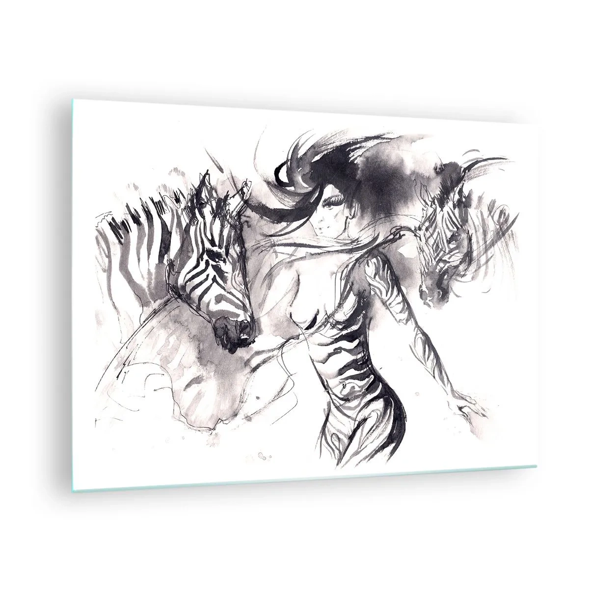 Glasbild - Bild auf glas - Schwarz-Weiß-Komposition mit einer Frau und einem Zebra im künstlerischen Stil - 70x50cm - Tanzen mit den Zebras - Moderne Wanddekoration für Wohnzimmer und Schlafzimmer ARTTOR