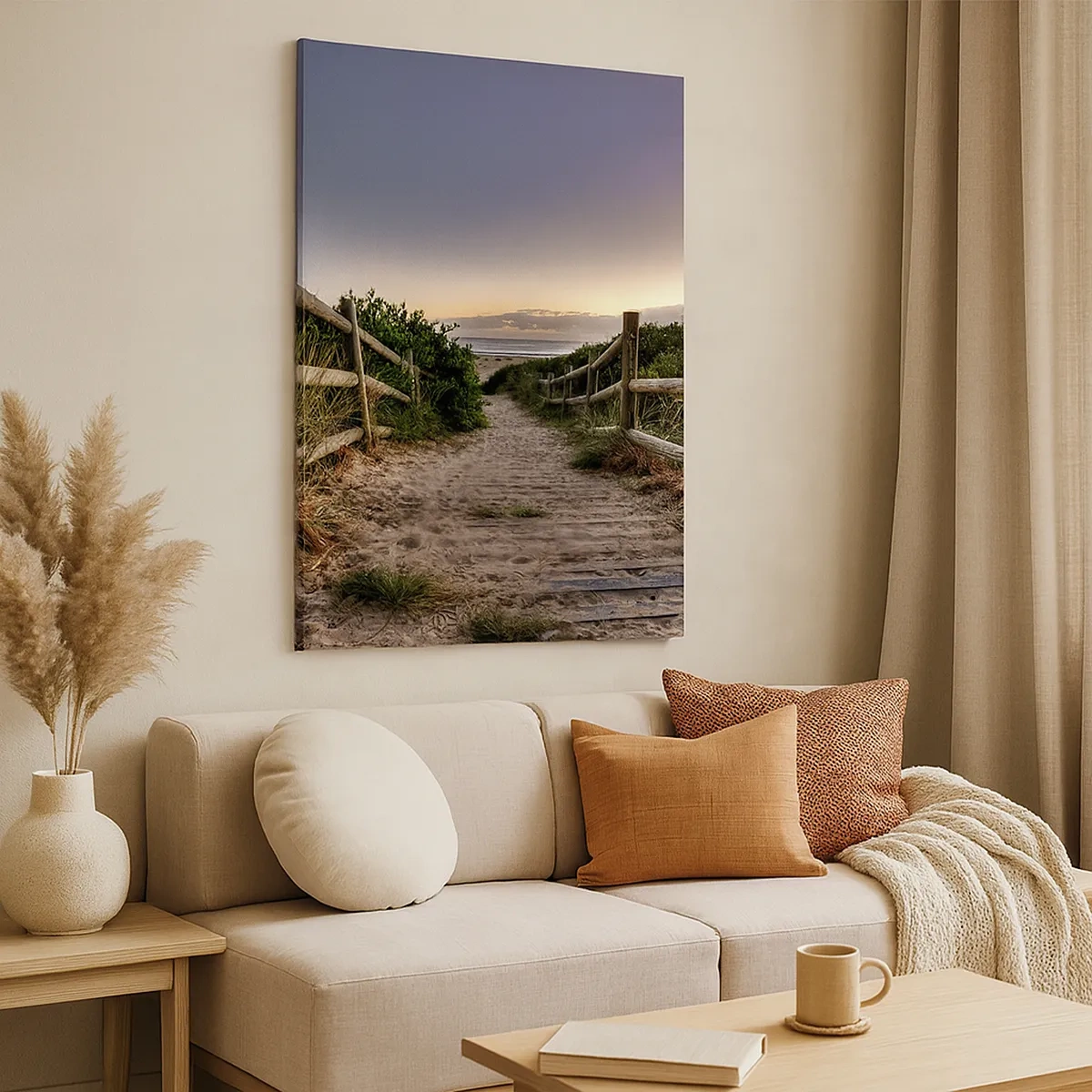 Bild auf Leinwand - Leinwandbild - Holzweg in den Dünen, der bei Sonnenuntergang zum Strand führt - 50x70cm - Das Ziel ist bereits sichtbar - Moderne Wanddekoration für Wohnzimmer und Schlafzimmer ARTTOR