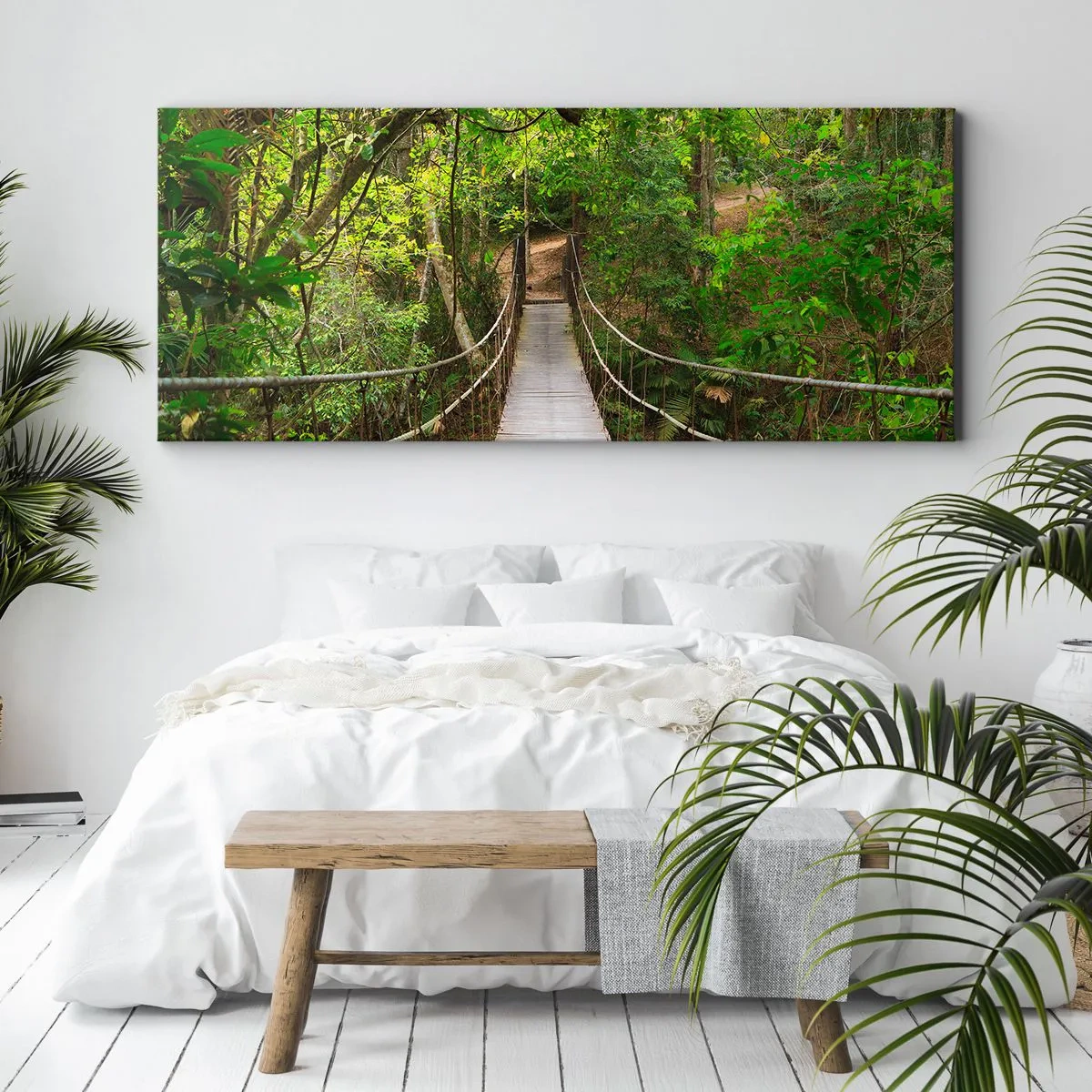 Bild auf Leinwand - Leinwandbild - Eine Hängebrücke umgeben von einem grünen Regenwald - 160x50cm - Denn im Garten gibt es eine Schlingpflanze - Moderne Wanddekoration für Wohnzimmer und Schlafzimmer ARTTOR