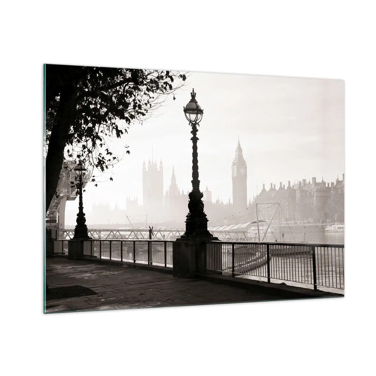 Glasbild - Bild auf glas - Schwarz-Weiß-Fotografie der Londoner Promenade mit Big Ben - 100x70cm - Londoner Morgen - Moderne Wanddekoration für Wohnzimmer und Schlafzimmer ARTTOR