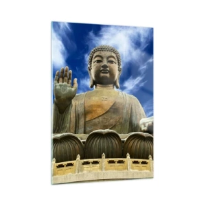 Glasbild - Bild auf glas - Eine große Buddha-Statue vor blauem Himmel - 50x70cm - Leben ohne Angst - Moderne Wanddekoration für Wohnzimmer und Schlafzimmer ARTTOR