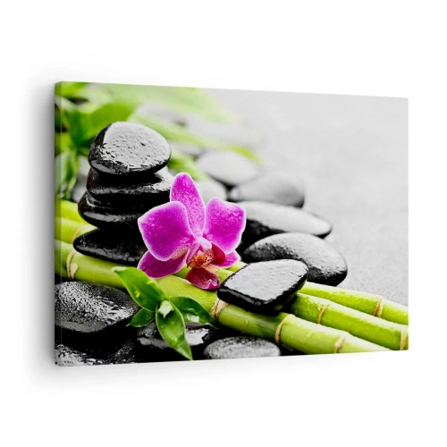 Bild auf Leinwand - Leinwandbild - Lila Orchidee, schwarze Steine und Bambus in einer ruhigen Komposition - 70x50cm - In ruhiger Balance - Moderne Wanddekoration für Wohnzimmer und Schlafzimmer ARTTOR