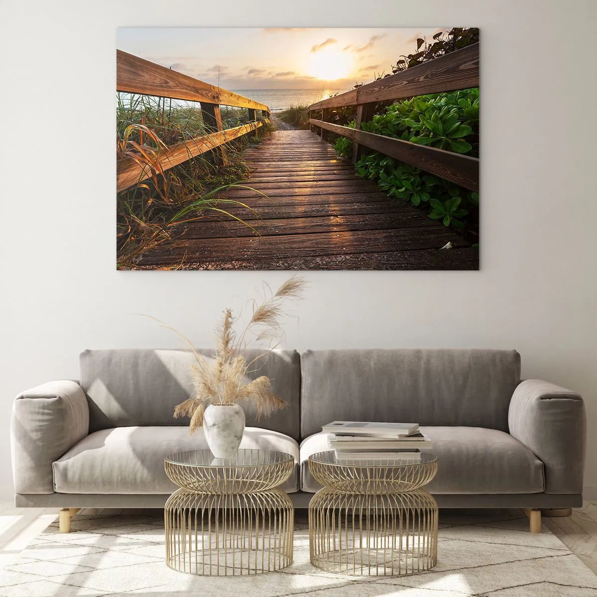 Glasbild - Bild auf glas - Holzsteg zum Strand bei Sonnenuntergang - 70x50cm - Und direkt ans Ufer - Moderne Wanddekoration für Wohnzimmer und Schlafzimmer ARTTOR