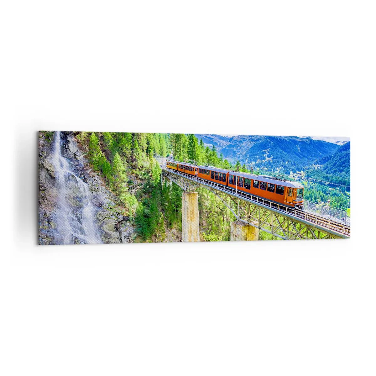 Bild auf Leinwand - Leinwandbild - Eine Achterbahn auf einer Brücke mit Blick auf einen Wasserfall und Berge - 160x50cm - Jetzt sind Alpen dran - Moderne Wanddekoration für Wohnzimmer und Schlafzimmer ARTTOR