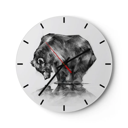Wanduhr - Glasuhr - Schwarz-Weiß-Zeichnung eines Bären am Wasser - 30x30cm - Schön, jemanden in der Nähe zu sehen - Moderne Wanddekoration für Wohnzimmer, Küche und Schlafzimmer ARTTOR