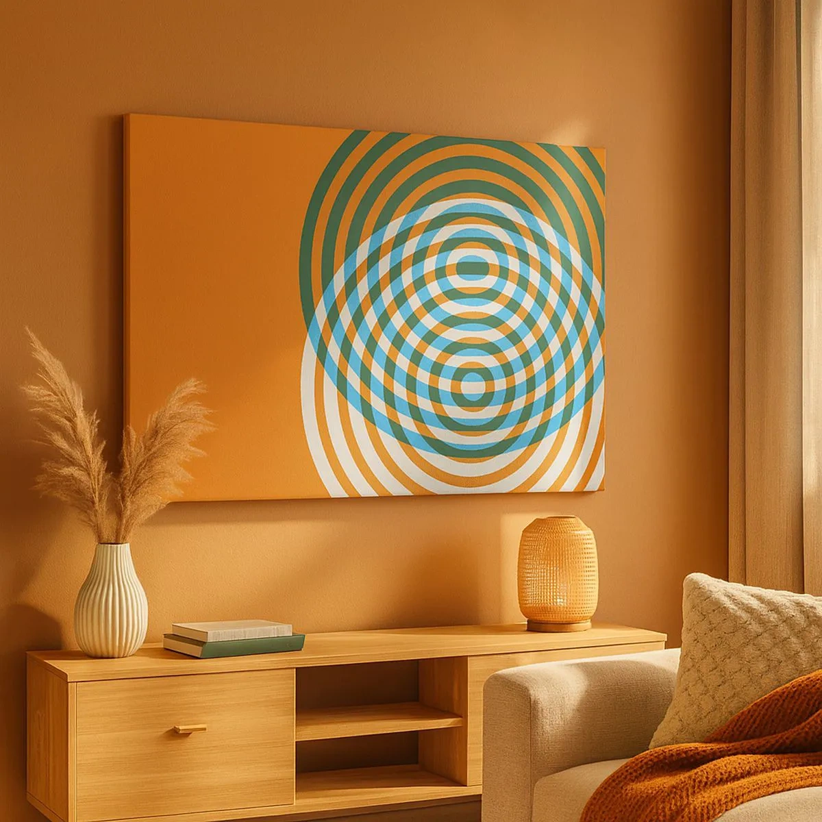 Bild auf Leinwand - Leinwandbild - Konzentrische Kreise auf orangefarbenem Hintergrund - 70x50cm - Abstrakte kreisförmige Variation - Moderne Wanddekoration für Wohnzimmer und Schlafzimmer ARTTOR