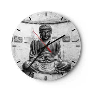 Wanduhr - Glasuhr - Eine Buddha-Statue im monochromen Stil vor einem Wandhintergrund - 30x30cm - An der Quelle des Friedens - Moderne Wanddekoration für Wohnzimmer, Küche und Schlafzimmer ARTTOR