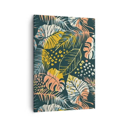 Bild auf Leinwand - Leinwandbild - Bunte Blätter auf dunklem Hintergrund - 50x70cm - Grüne Fantasie - Moderne Wanddekoration für Wohnzimmer und Schlafzimmer ARTTOR