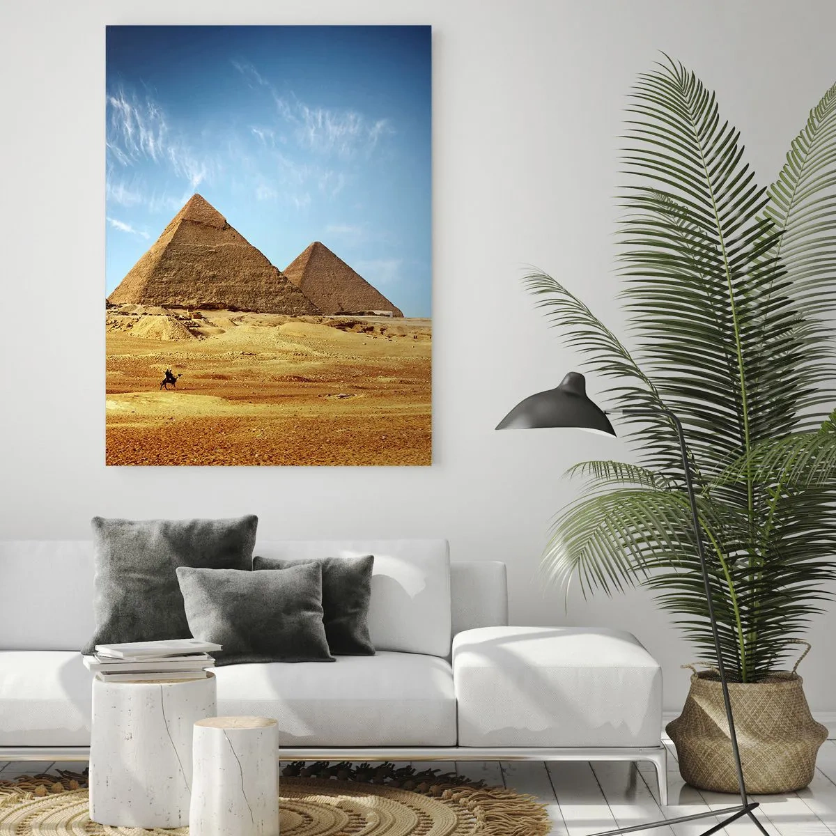 Glasbild - Bild auf glas - Die Pyramiden von Gizeh vor dem blauen Himmel - 50x70cm - 40 Jahrhunderte schauen dich an - Moderne Wanddekoration für Wohnzimmer und Schlafzimmer ARTTOR