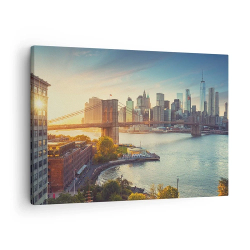 Bild auf Leinwand - Leinwandbild - Panorama der Stadt mit der Brücke bei Sonnenuntergang - 70x50cm - Morgendämmerung der Großstadt - Moderne Wanddekoration für Wohnzimmer und Schlafzimmer ARTTOR