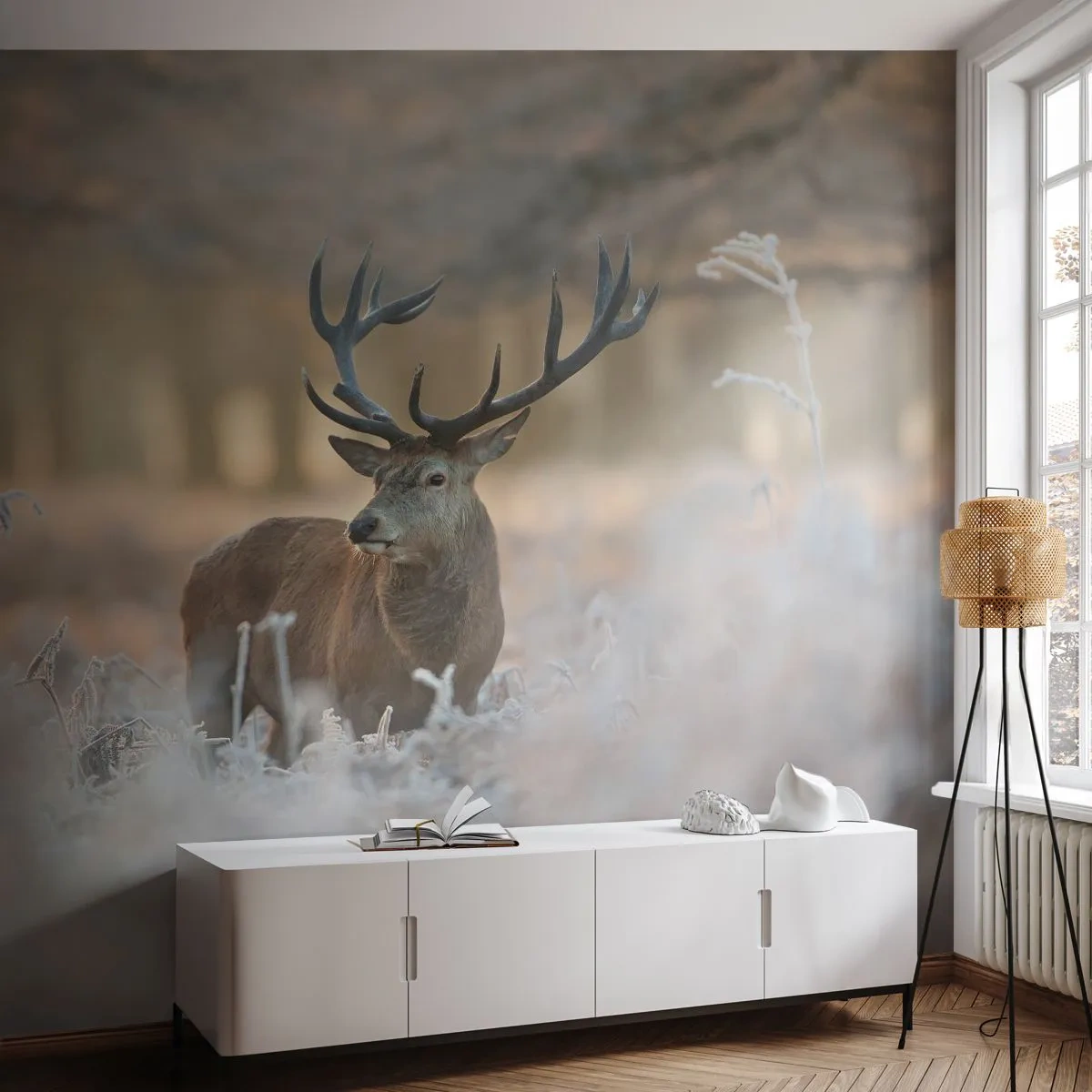 Fototapete Premium Sand - Ein stattlicher Hirsch in einem Winterwald, umgeben von frostiger Vegetation - 100x70cm - Ein flotter Morgen - Moderne Wanddekoration für Wohnzimmer und Schlafzimmer ARTTOR