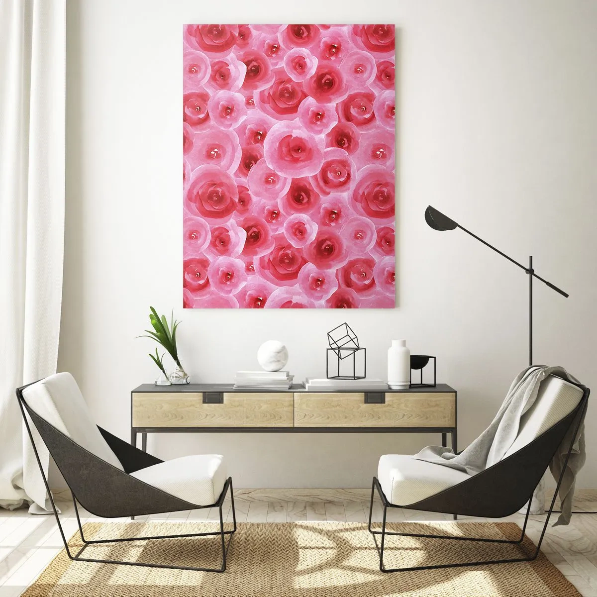 Glasbild - Bild auf glas - Aquarell-Rosenmuster in Rot- und Rosatönen - 50x70cm - Oben und unten Rosen - Moderne Wanddekoration für Wohnzimmer und Schlafzimmer ARTTOR