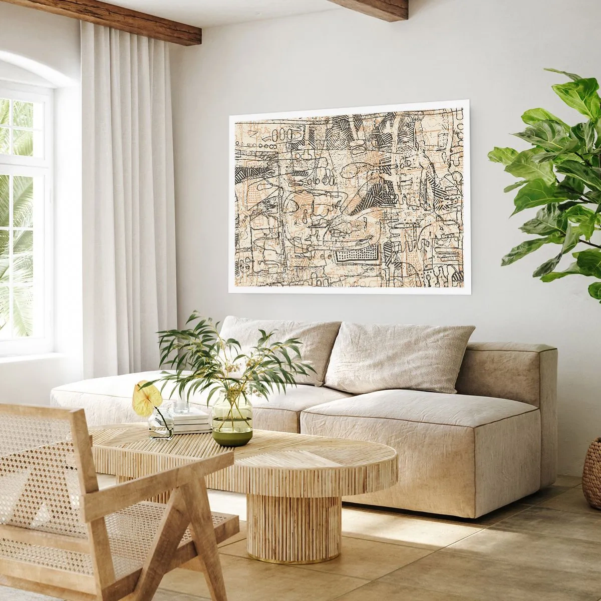 Poster - Abstrakte Muster und Linien auf beigem Hintergrund - 100x70cm - Es wartet darauf, entschlüsselt zu werden - Moderne Wanddekoration für Wohnzimmer und Schlafzimmer ARTTOR