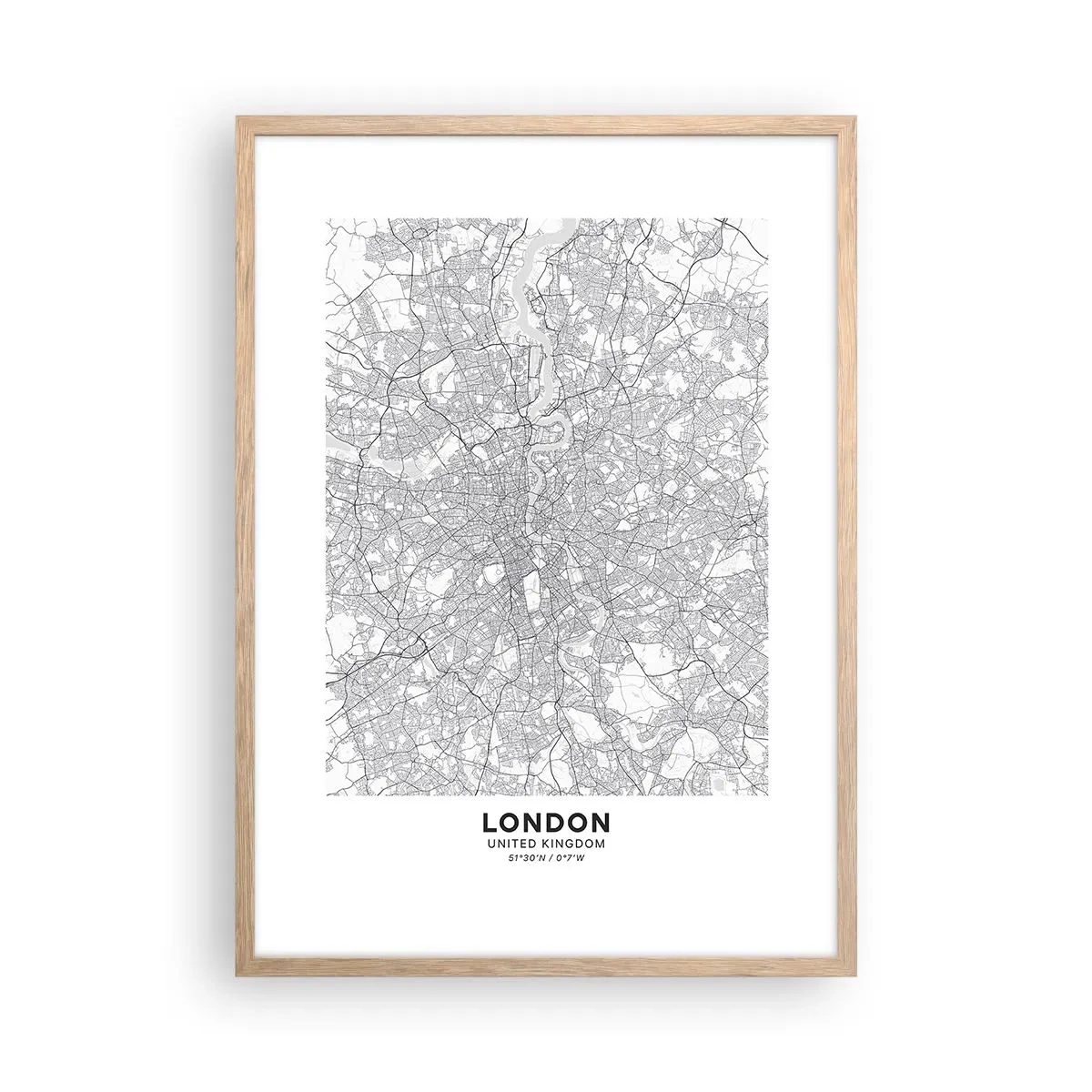 Poster in einem Rahmen aus heller Eiche - Karte des Labyrinths von London - 50x70 cm