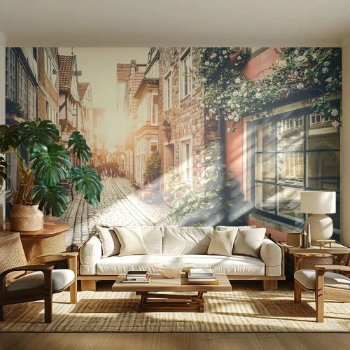 Fototapete Premium Sand - Eine historische Straße im Schein der untergehenden Sonne - 100x70cm - Rosenallee im rosa Schein - Moderne Wanddekoration für Wohnzimmer und Schlafzimmer ARTTOR